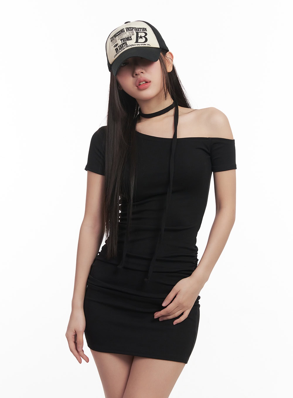 Shirred One-Shoulder Mini Dress with Scarf CM531