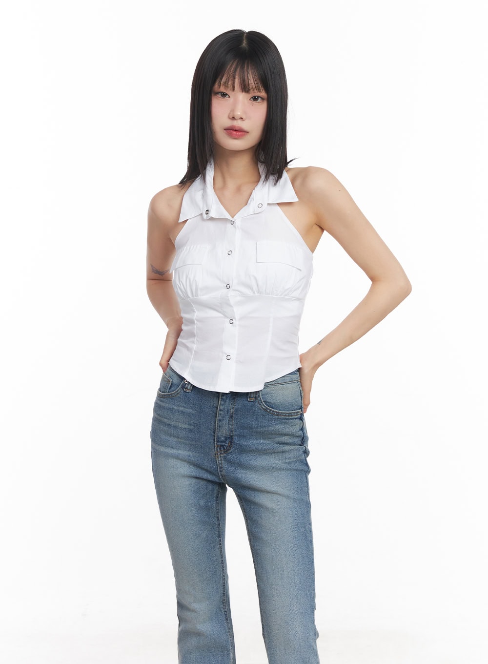 Collared Halter Buttoned Top CY512