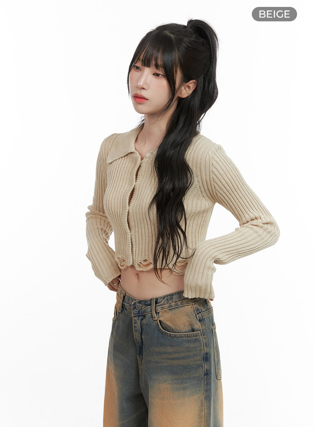 Distressed Hem Collared Crop Cardigan CG421