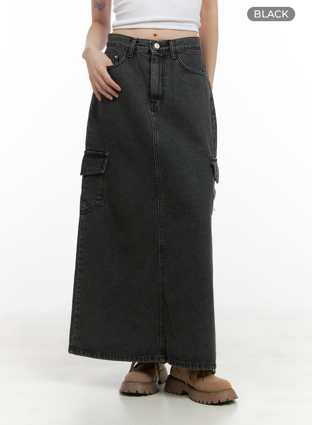 Denim Cargo Pocket Washed Maxi Skirt CG426