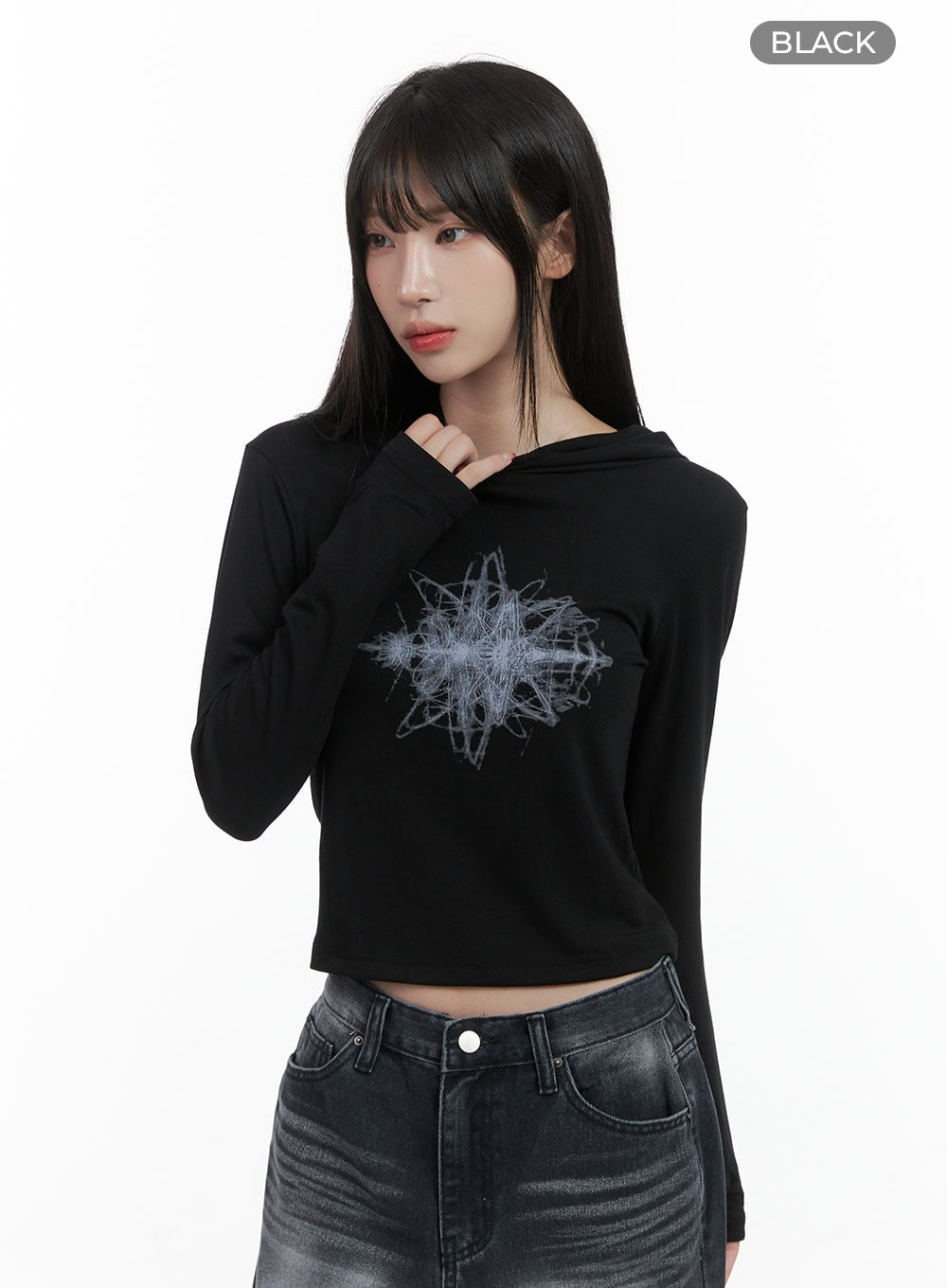 Printed Hand Warmer Long Sleeve Hood Top CS419