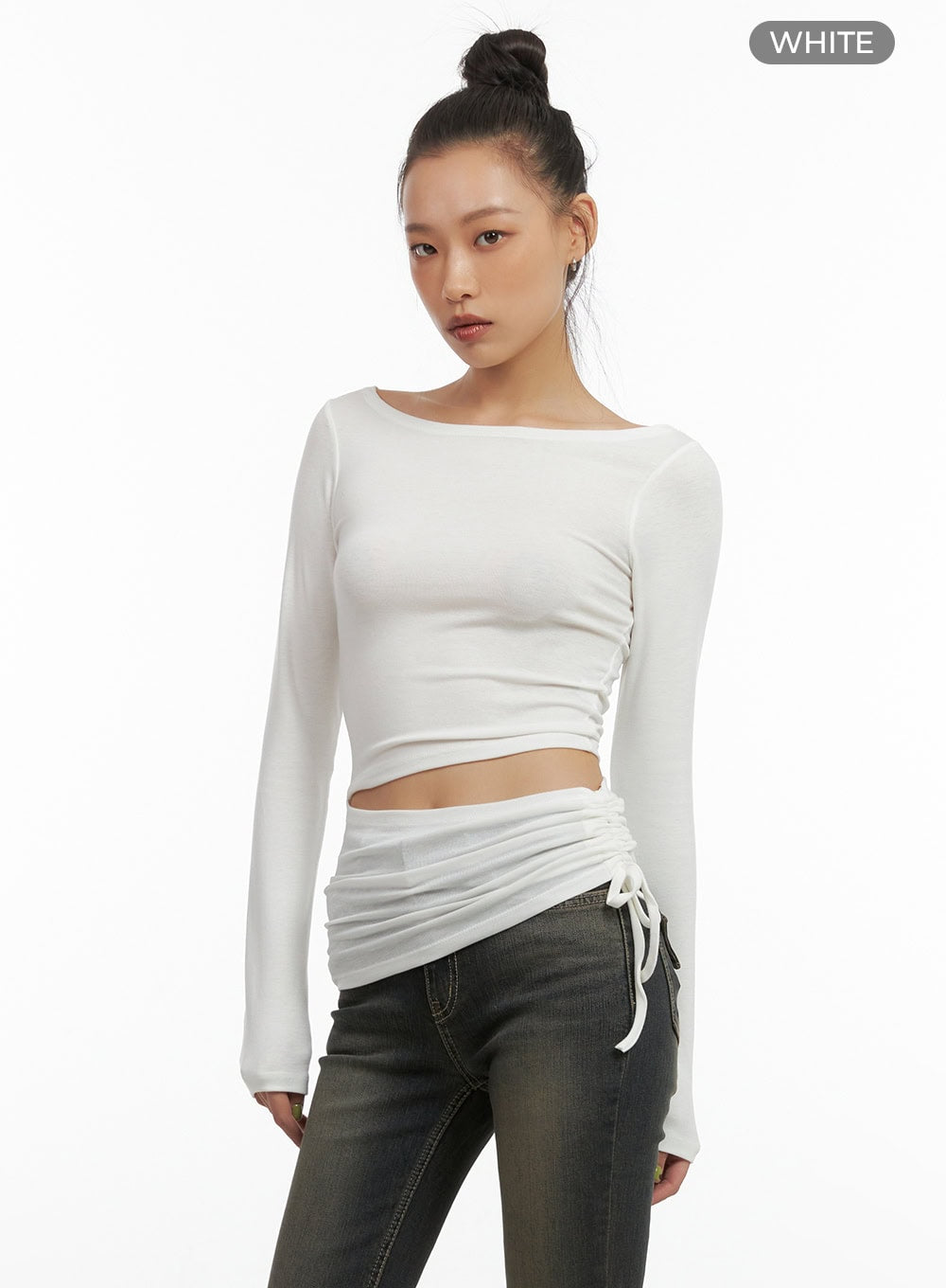 Unbalanced Shirring Long-Sleeve Top CO424