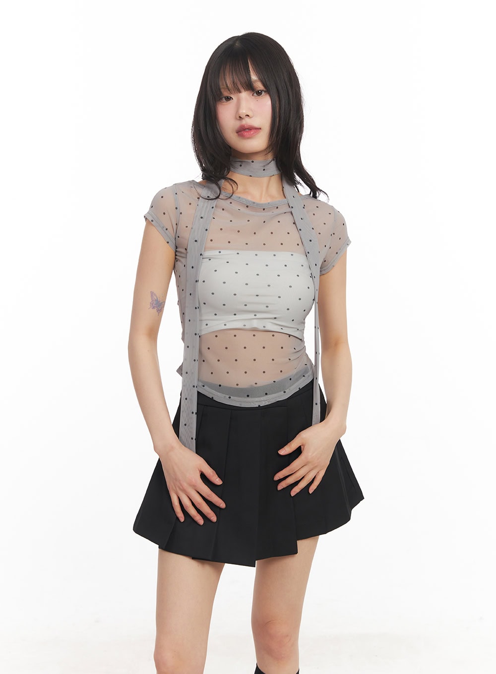 Sheer Polkadot Crop Top with Scarf CA522