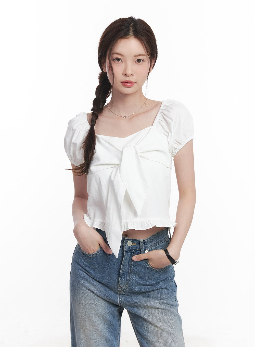 Ribbon Frill Square-Neck Top CY515