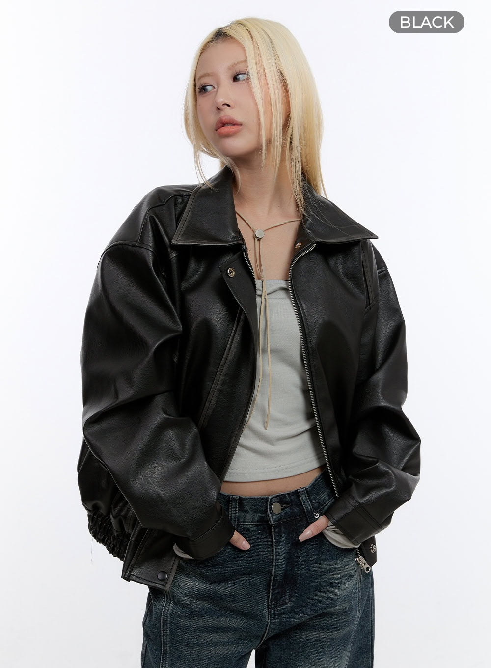 Oversized Faux Leather Collar Jacket CO419