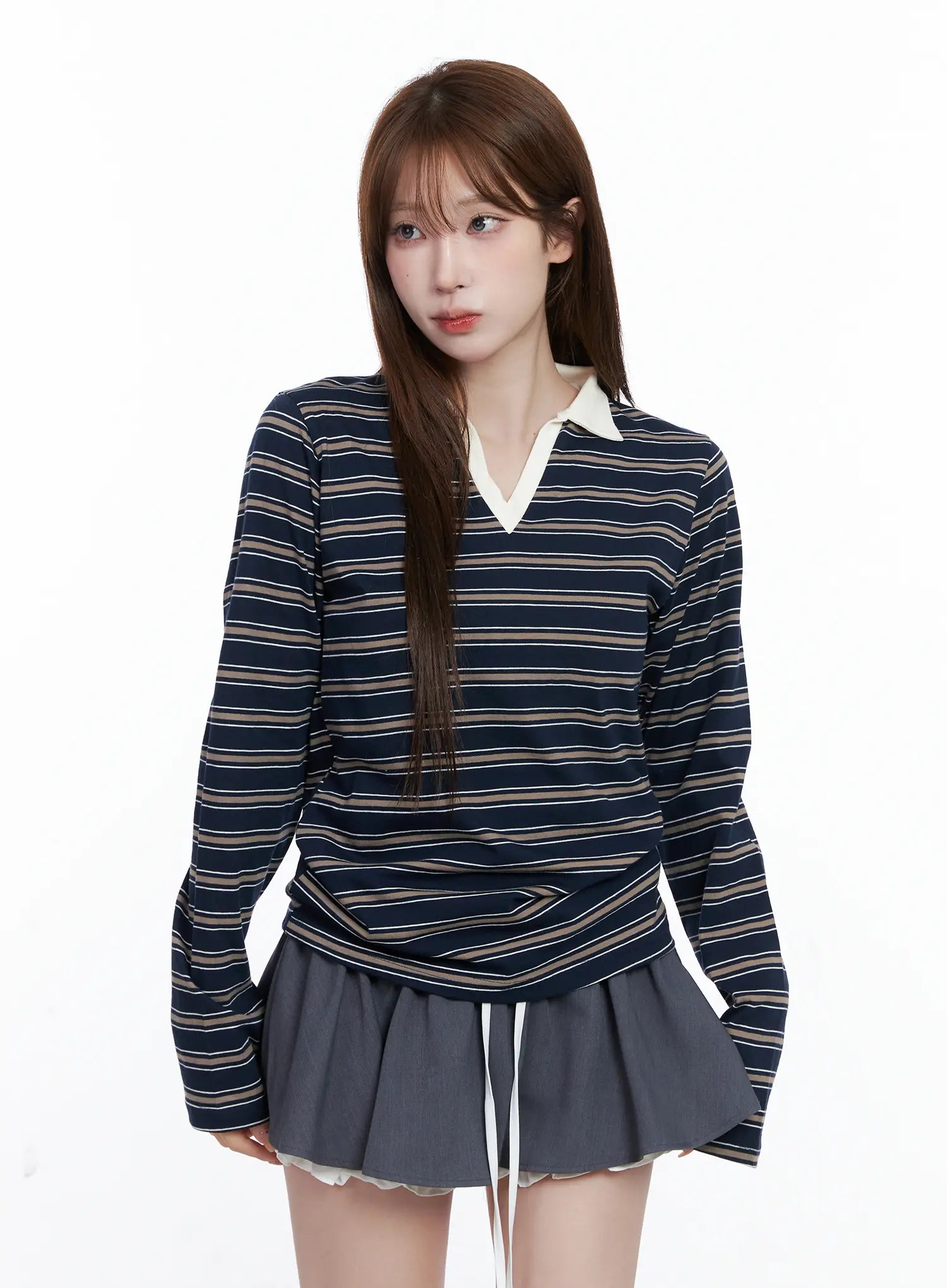 Striped V-Neck Collar Polo Shirt CG529