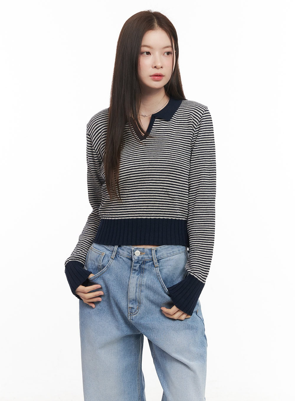 Cashmere-Blend Collared Stripe Crop Sweater CM512