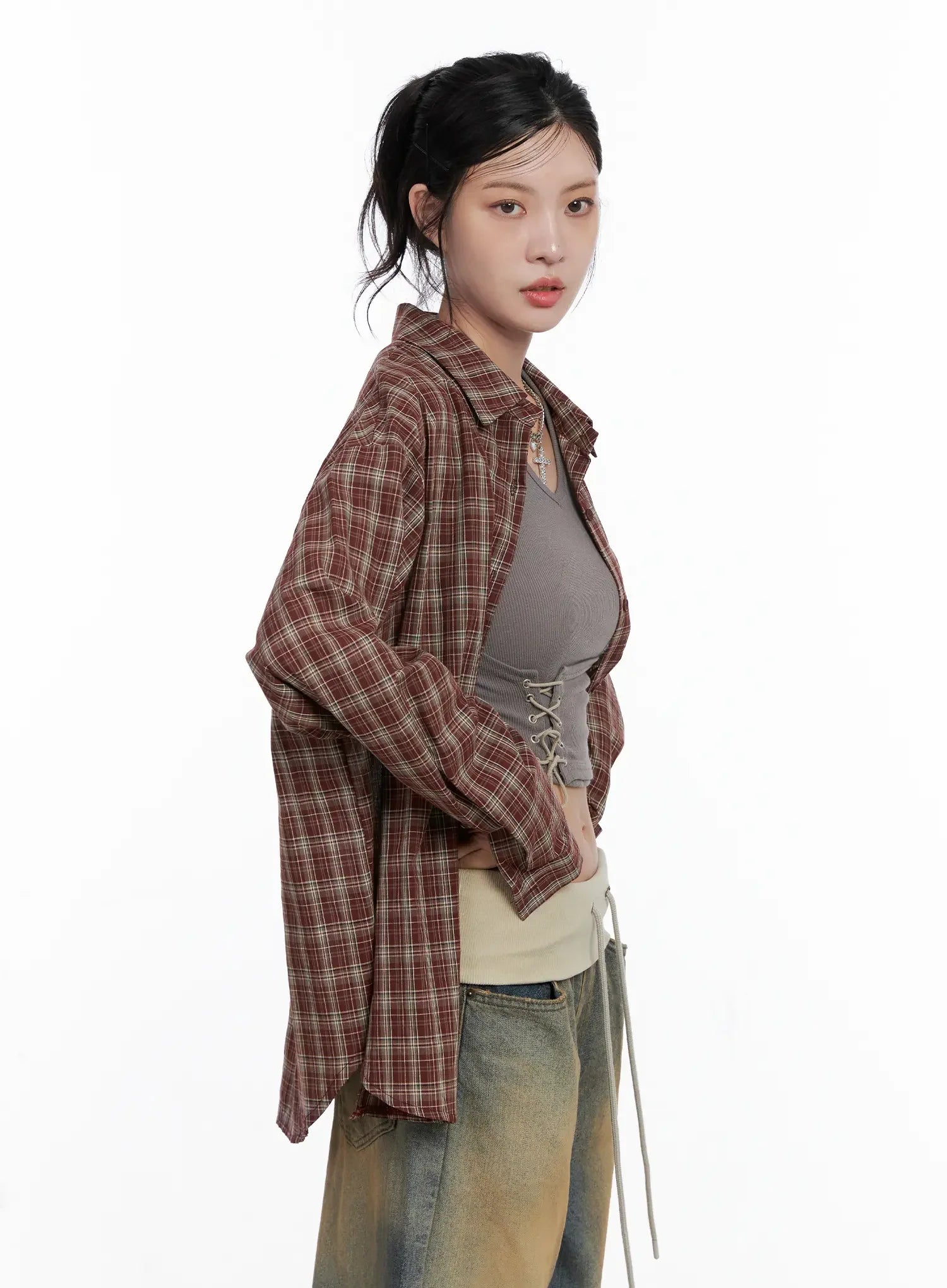 Oversized Plaid Button Up Shirt CS512