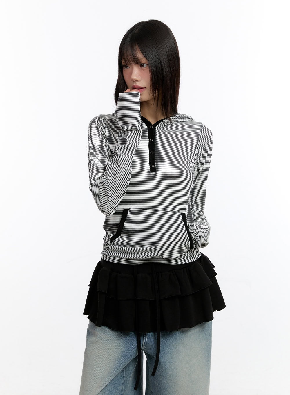 Button Stripe Hoodie Top CA508