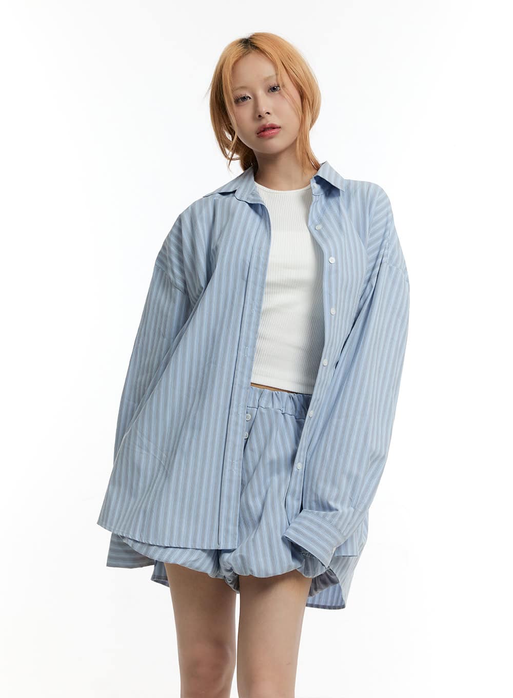 Striped Buttoned Oversized Collared Shirt CY505