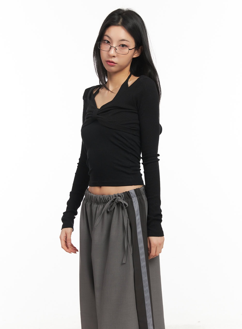 Twist Ribbon Long-Sleeve Crop Top CM503