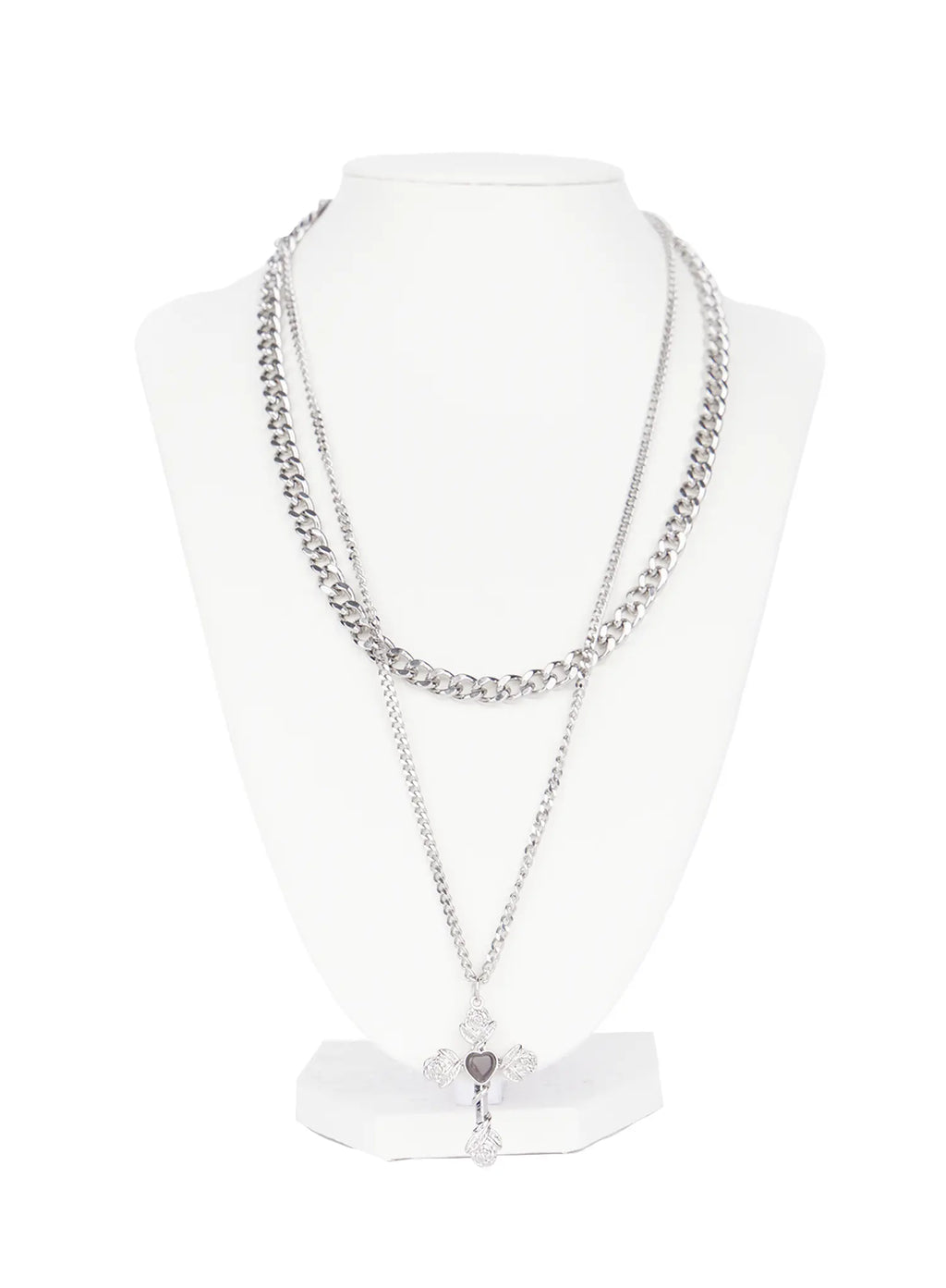 Layered Rose Heart Cross Pendant Necklace CG526