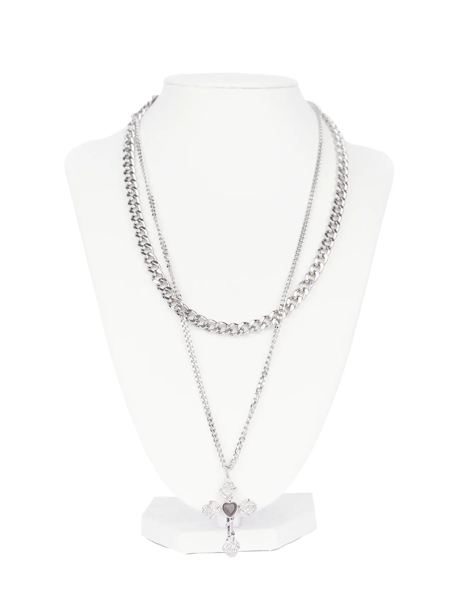 Layered Rose Heart Cross Pendant Necklace CG526