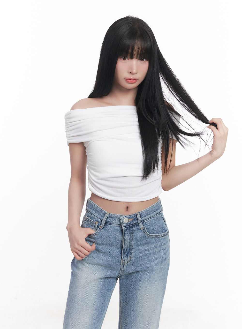Shirred Off-Shoulder Crop Top CY527