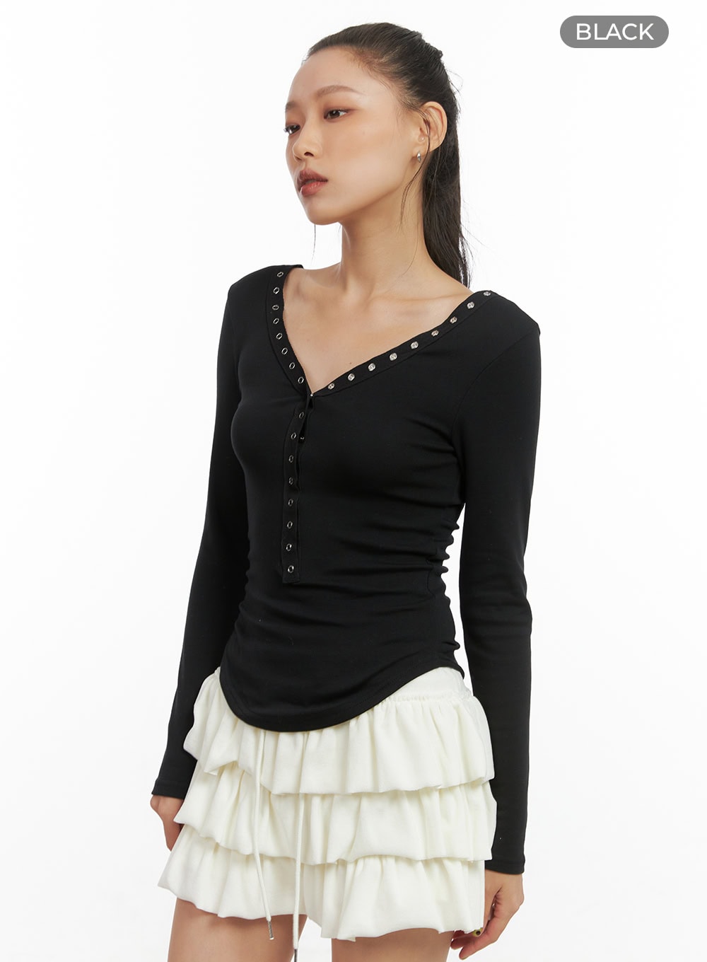 Buttoned V-Neck Slim Tee CO424