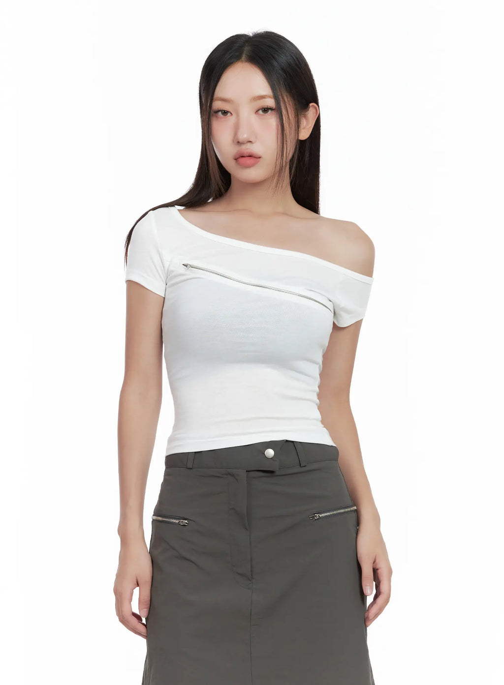 Asymmetric Off-Shoulder Zip Top CL509