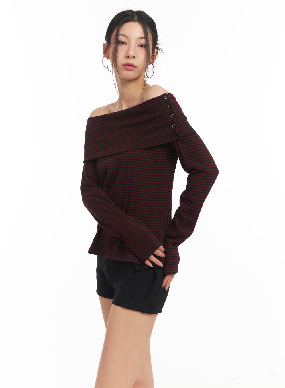 Striped Long-Sleeve Off-Shoulder Top CM503