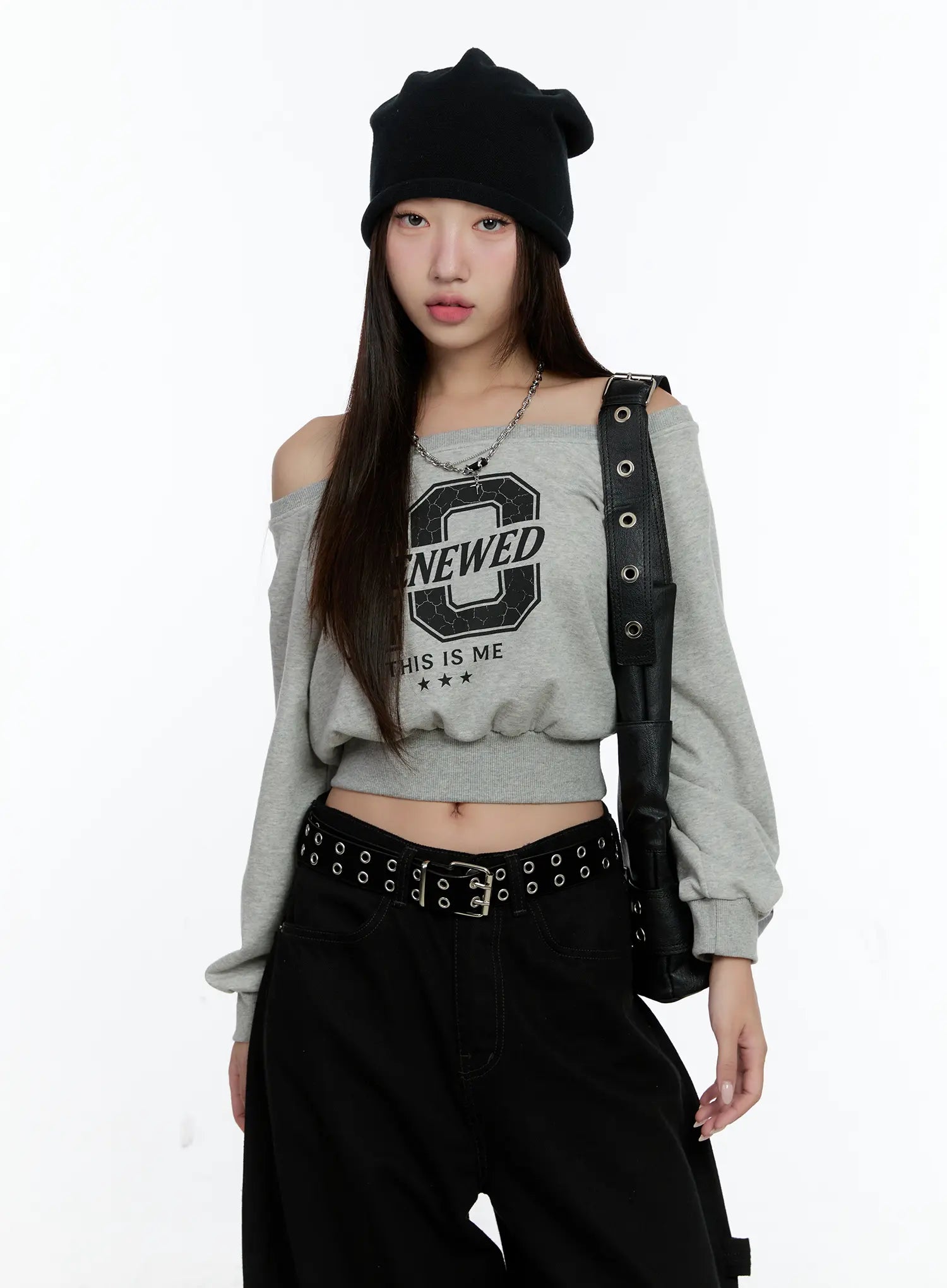 Graphic Off-shoulder Crop Sweatshirt CS517