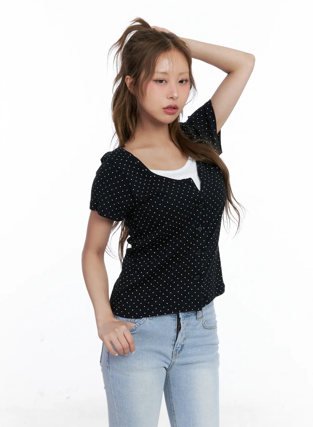 Layered Polka Dot Button Tee CL510