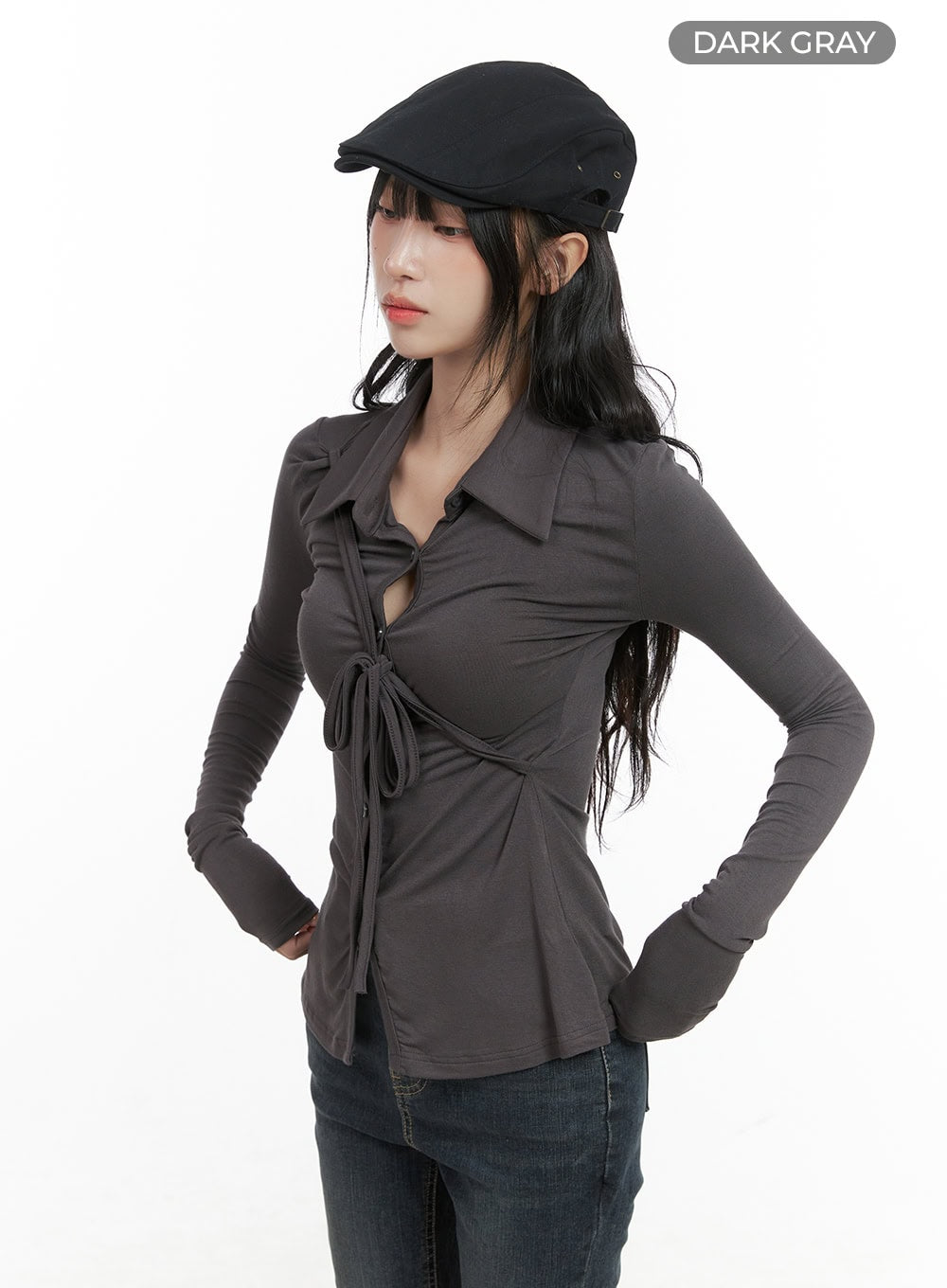 Long Sleeve Slim Tie Collar Top CG421
