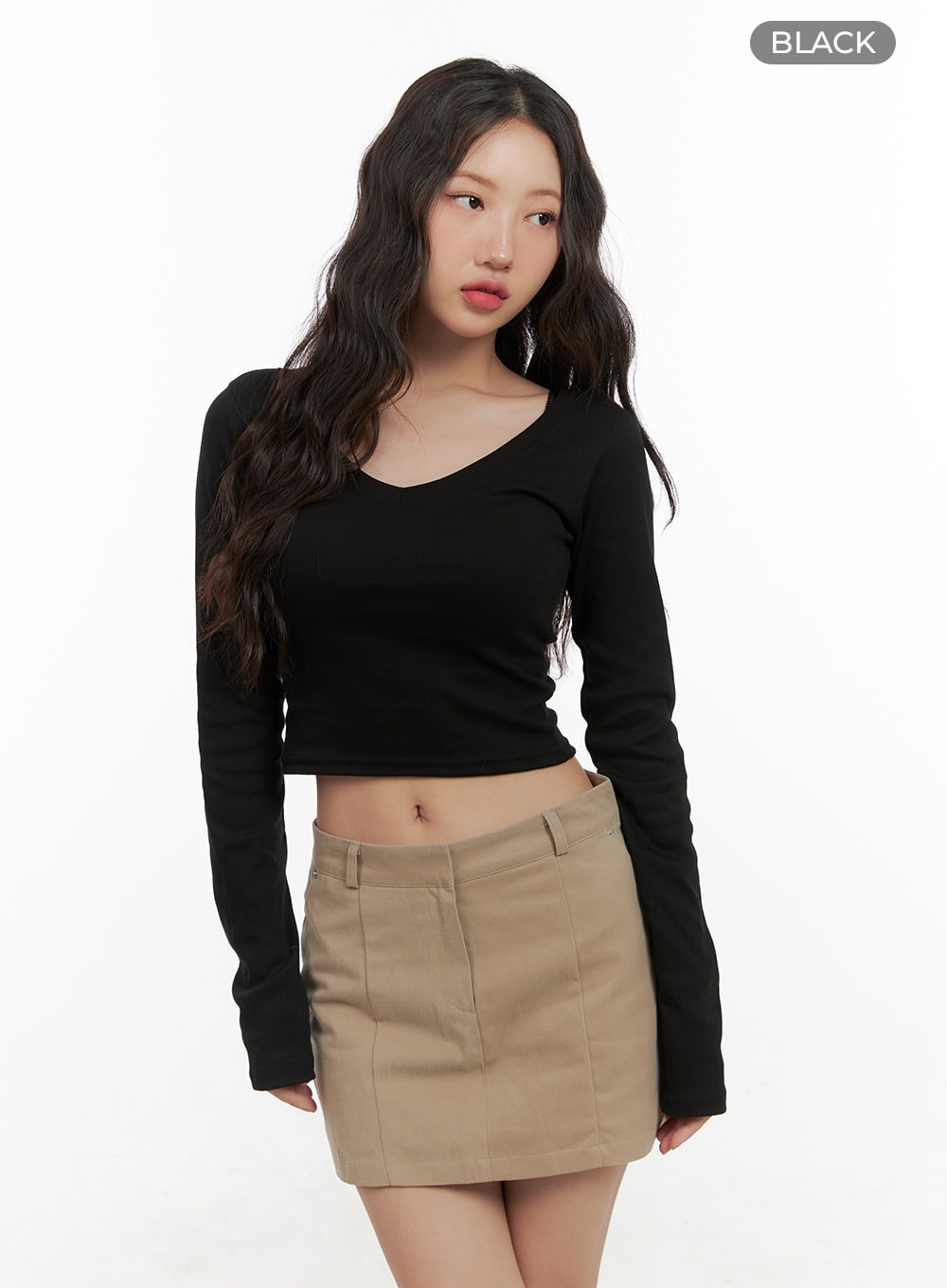 Cotton V-Neck Crop Long Sleeve Top CG422