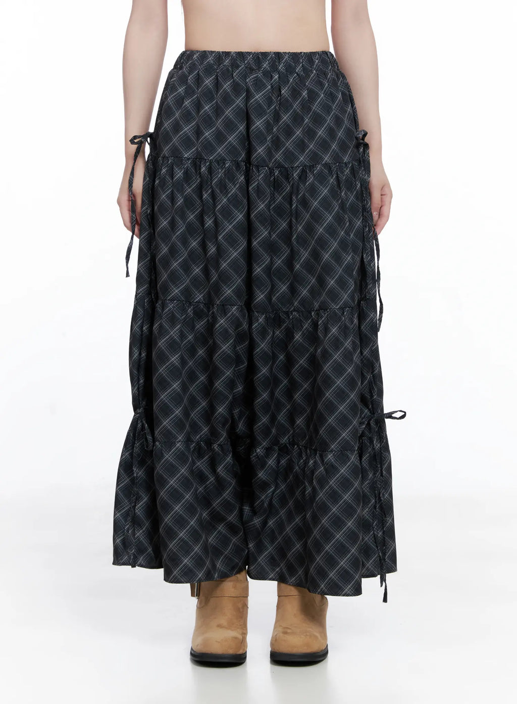 Plaid Maxi Skirt with Ribbon Details CG529