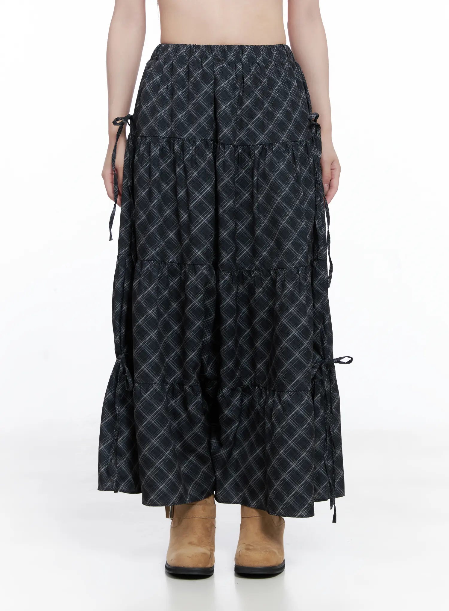 Plaid Maxi Skirt with Ribbon Details CG529