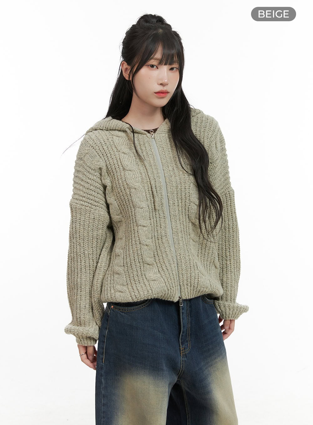 Oversized Cable Knit Zip-Up Hooded Sweater CG421