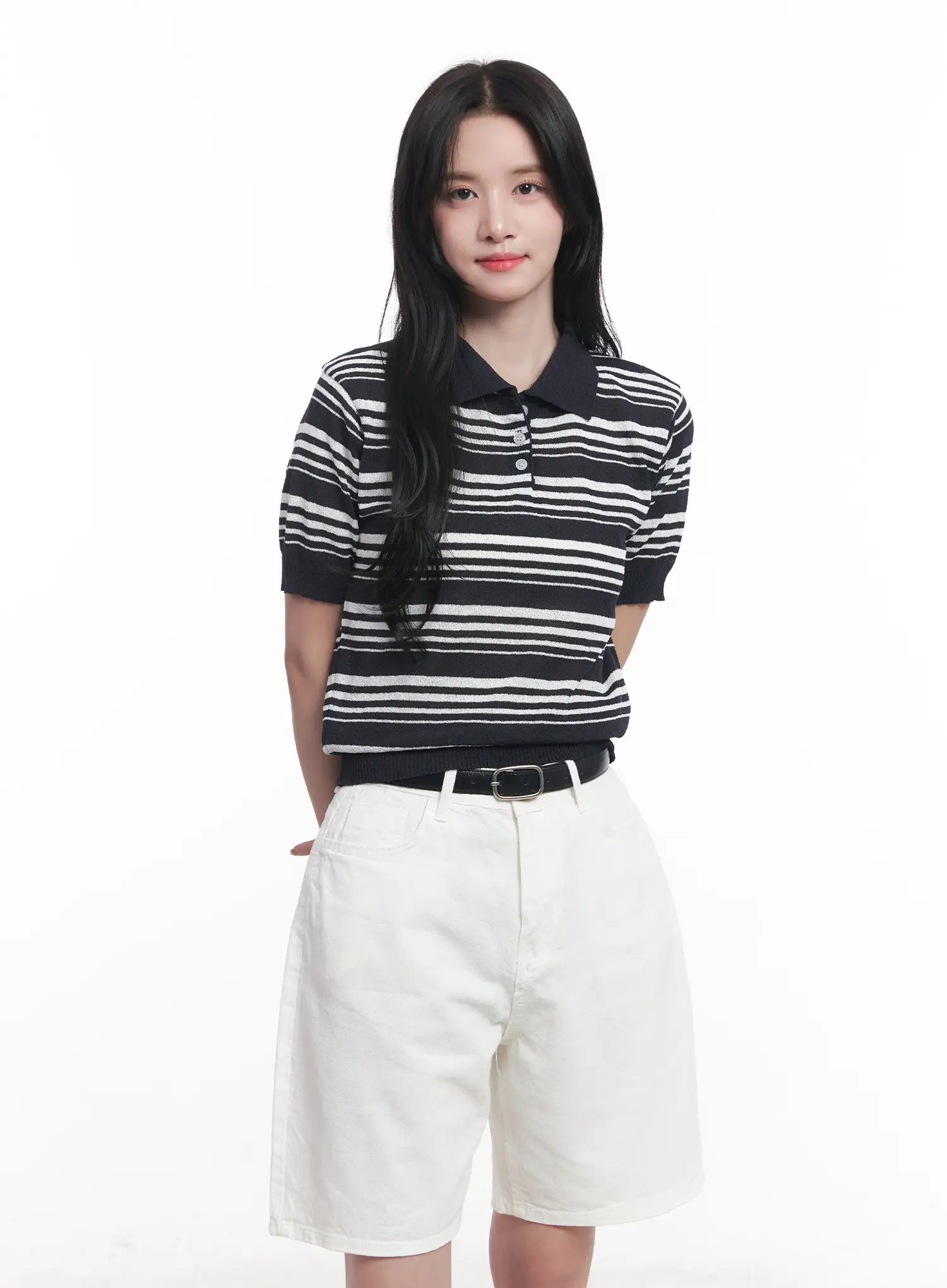 Striped Collared Short-Sleeve Sweater CU525