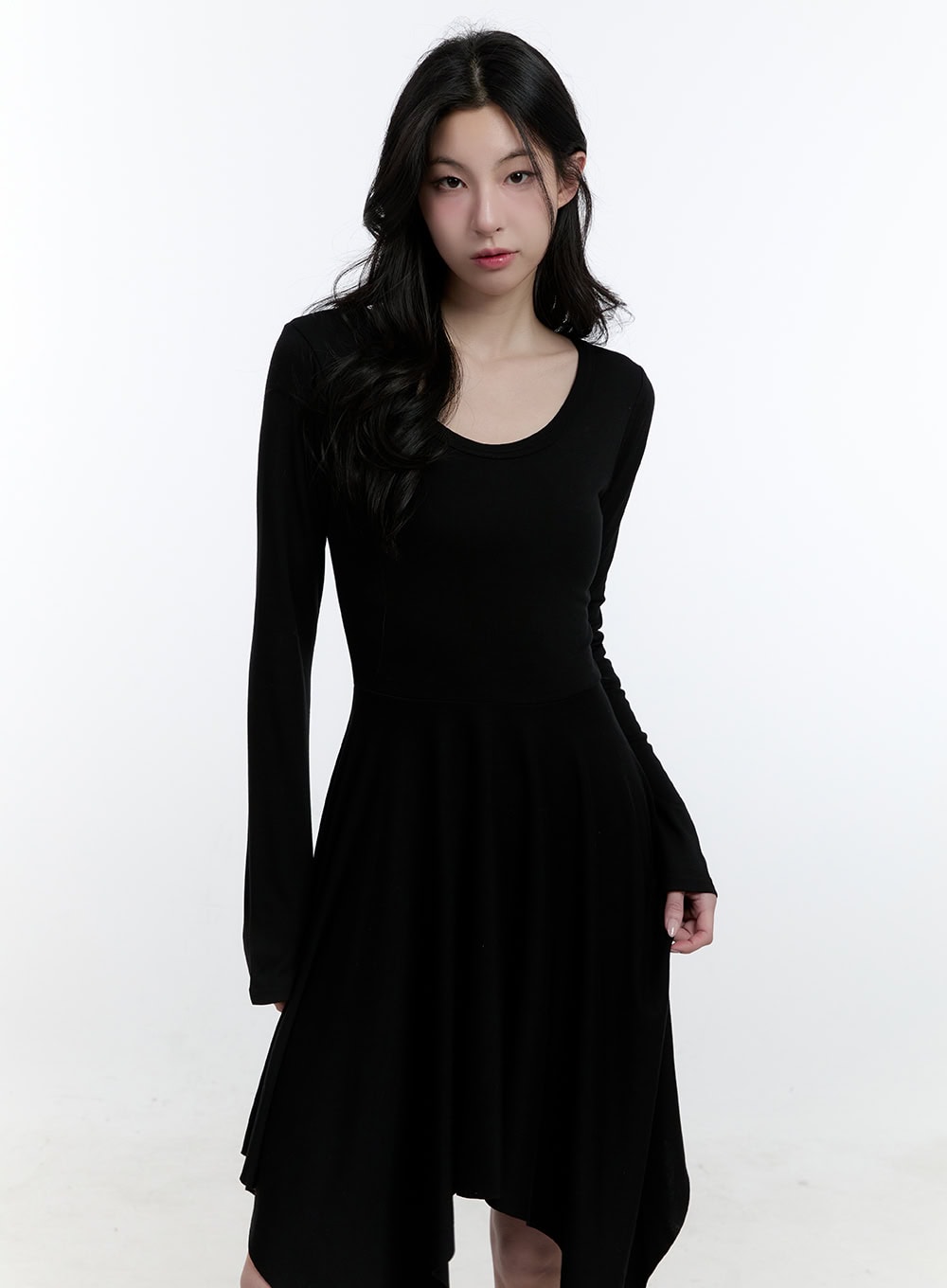 Flared Asymmetric Long Sleeve Midi Dress CJ522