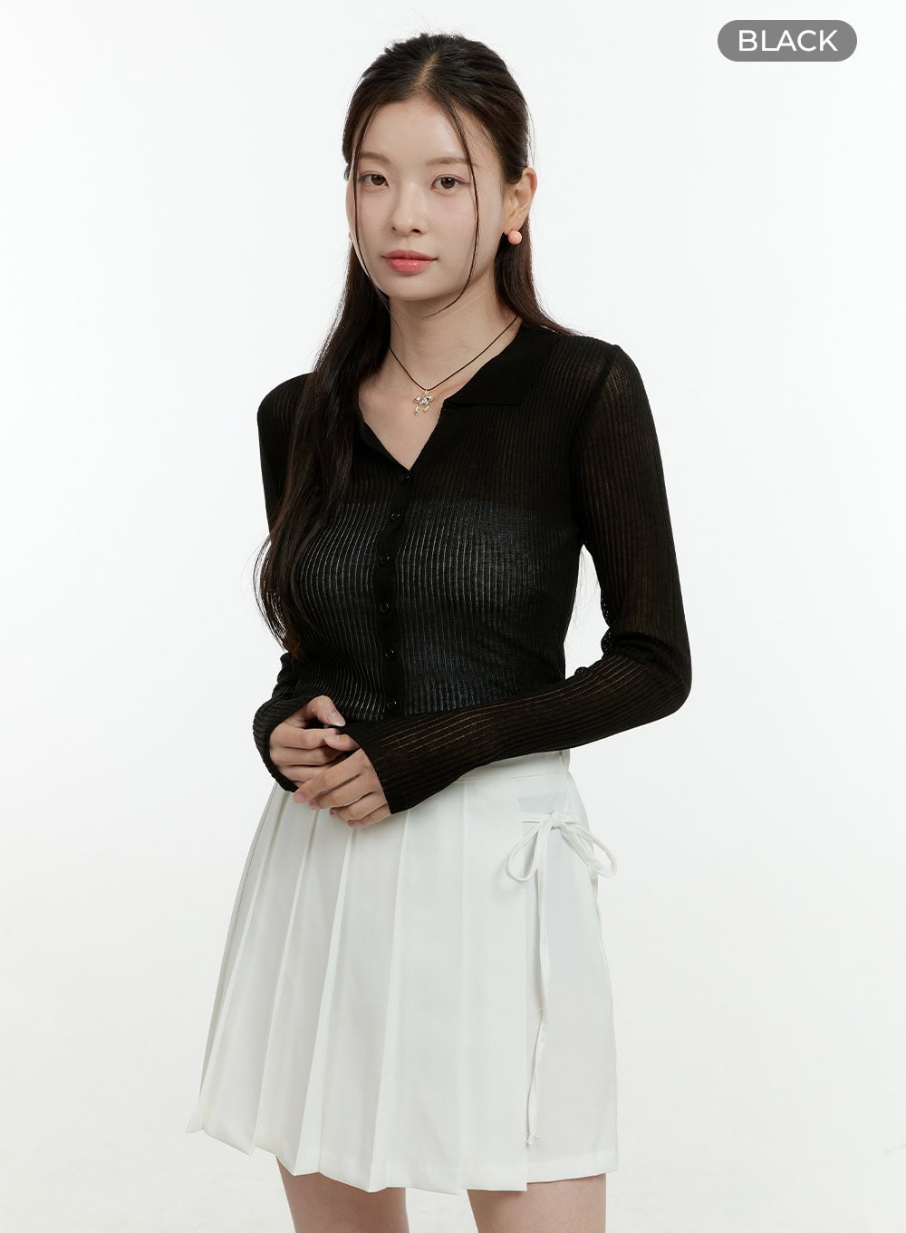 Sheer Ribbed Buttoned Cardigan OL430