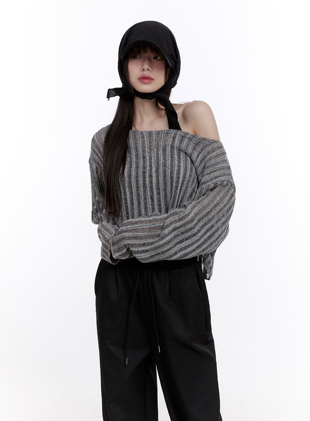 Sheer One-Shoulder Crop Sweater CF511