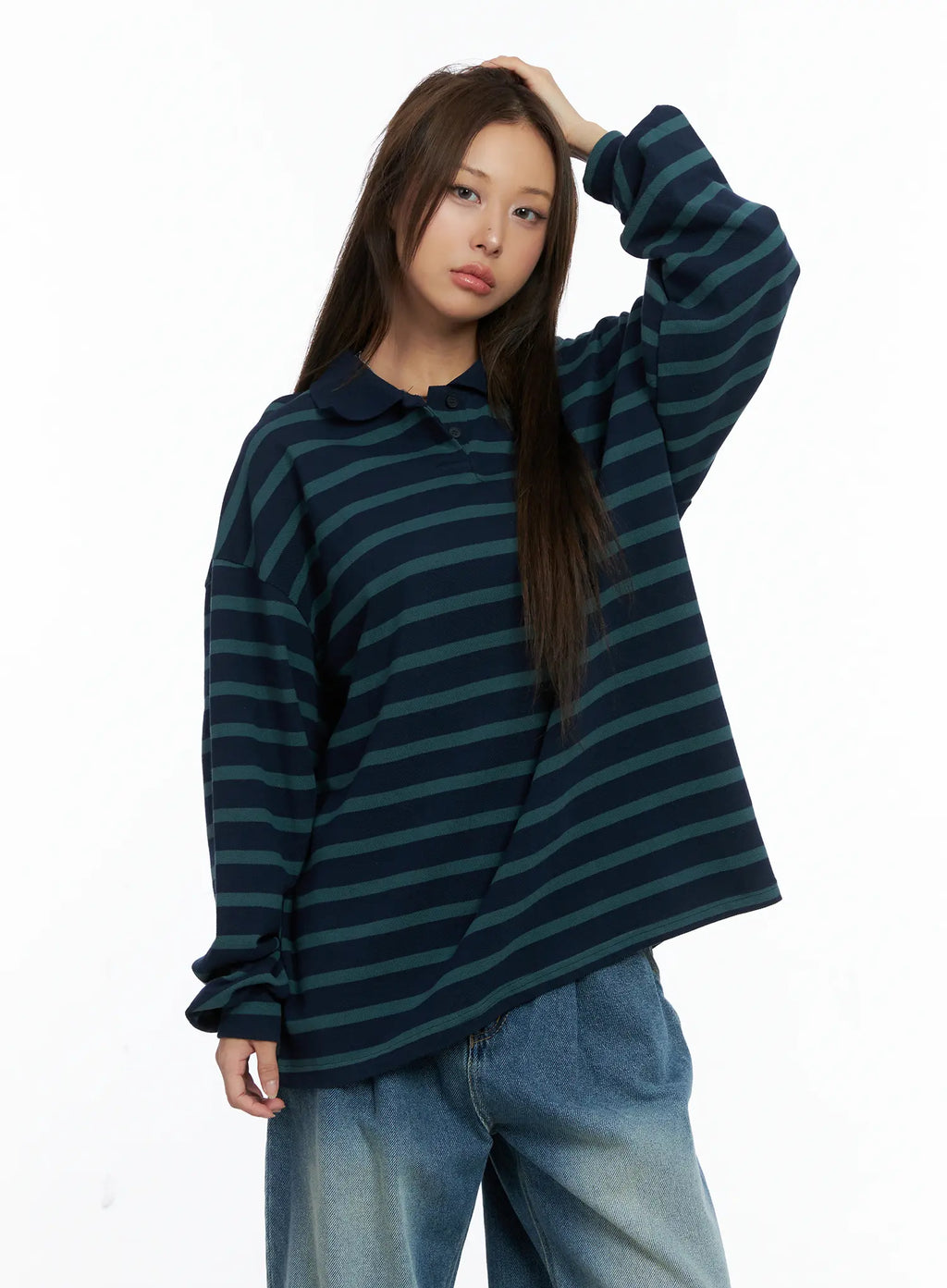 Oversized Striped Collar Long-Sleeve Tee CS504
