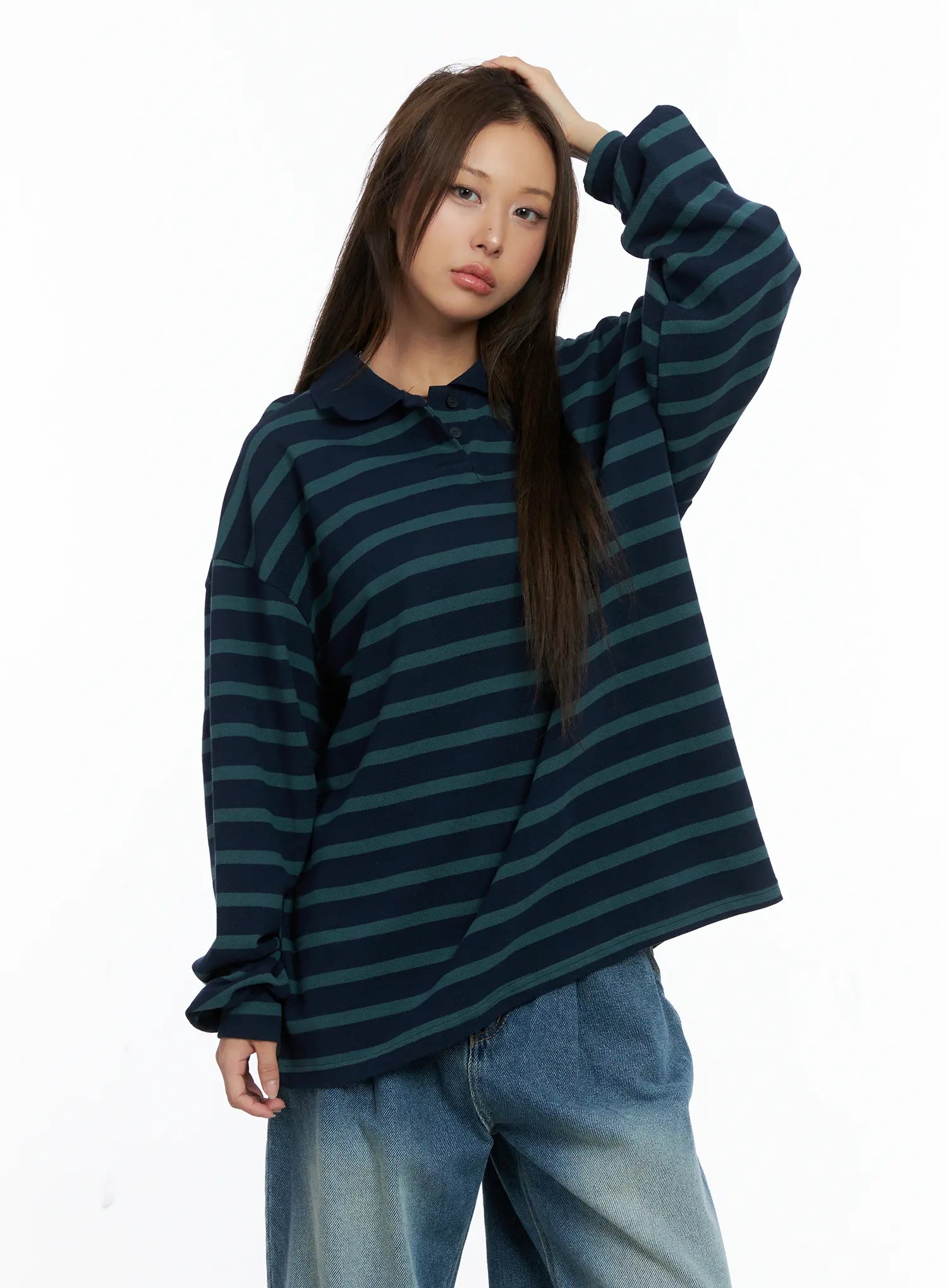 Oversized Striped Collar Long-Sleeve Tee CS504