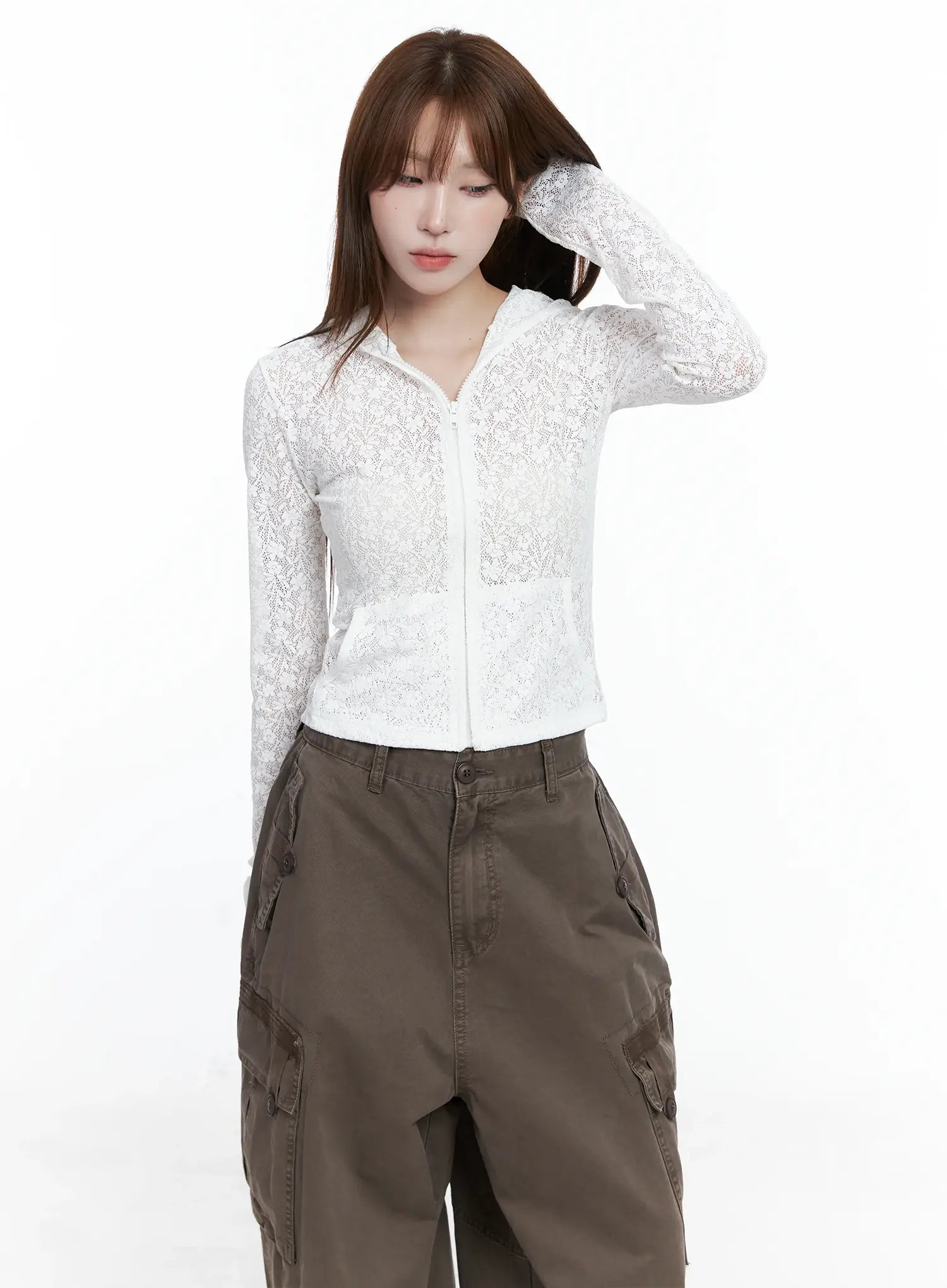 Lace Sheer Zip-Up Hoodie CS501