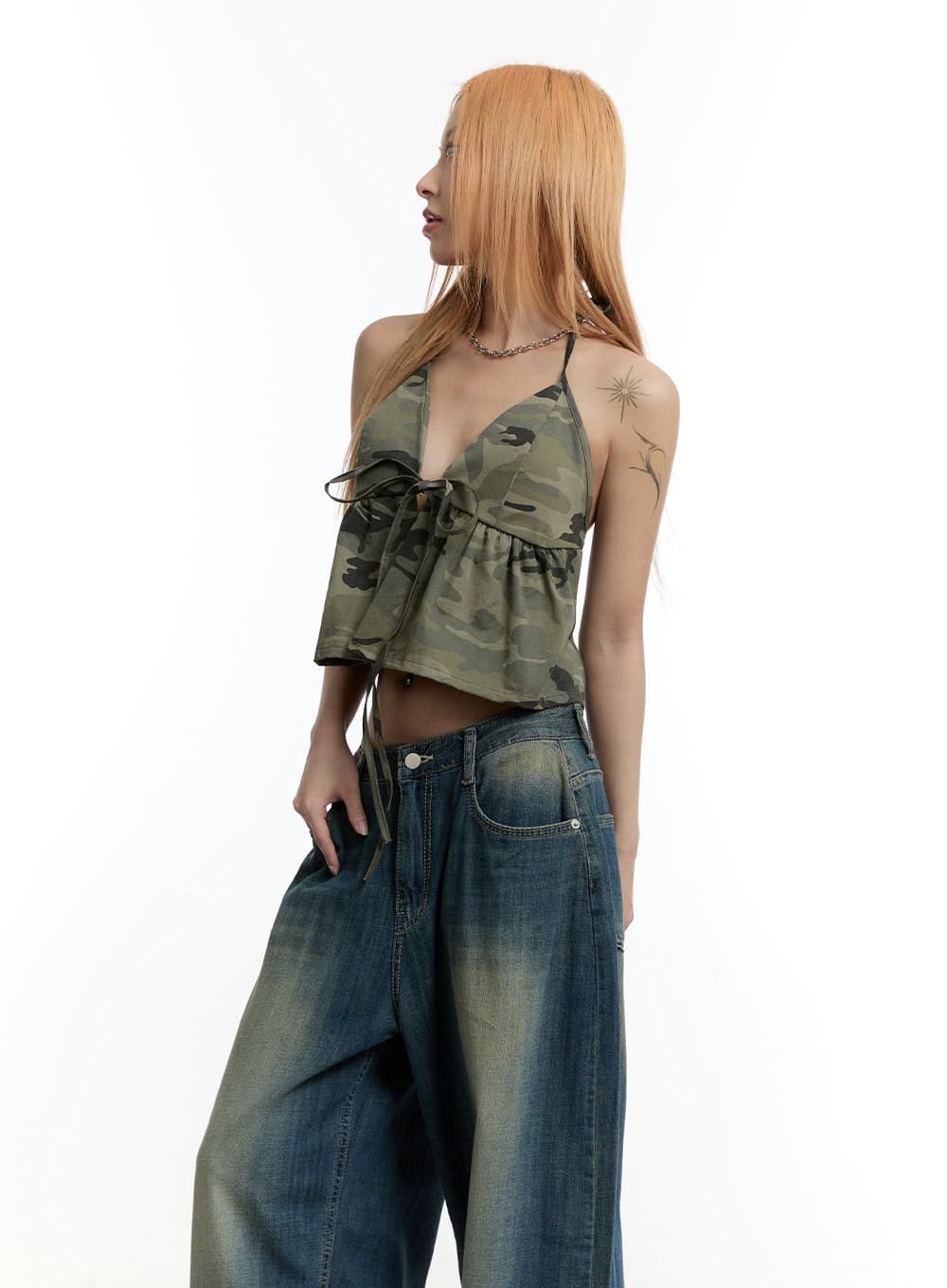 Camo Ribbon Halter Crop Cami Top CY501