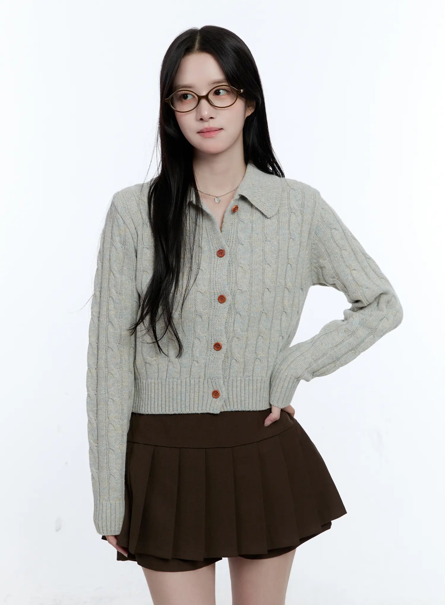 Button-Up Collared Cable Knit Cardigan CG514