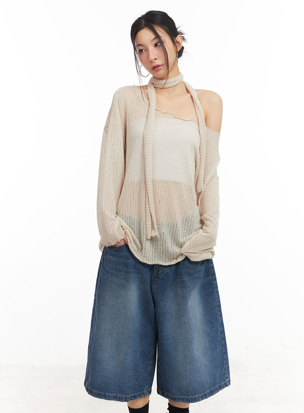 Sheer Off-Shoulder Top with Scarf Set CM503