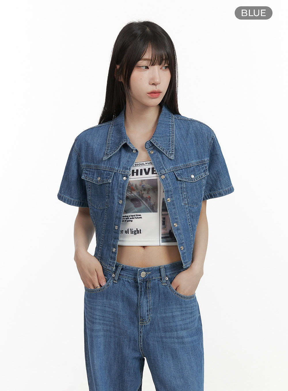 Pocketed Washed Denim Crop Shirt CY407