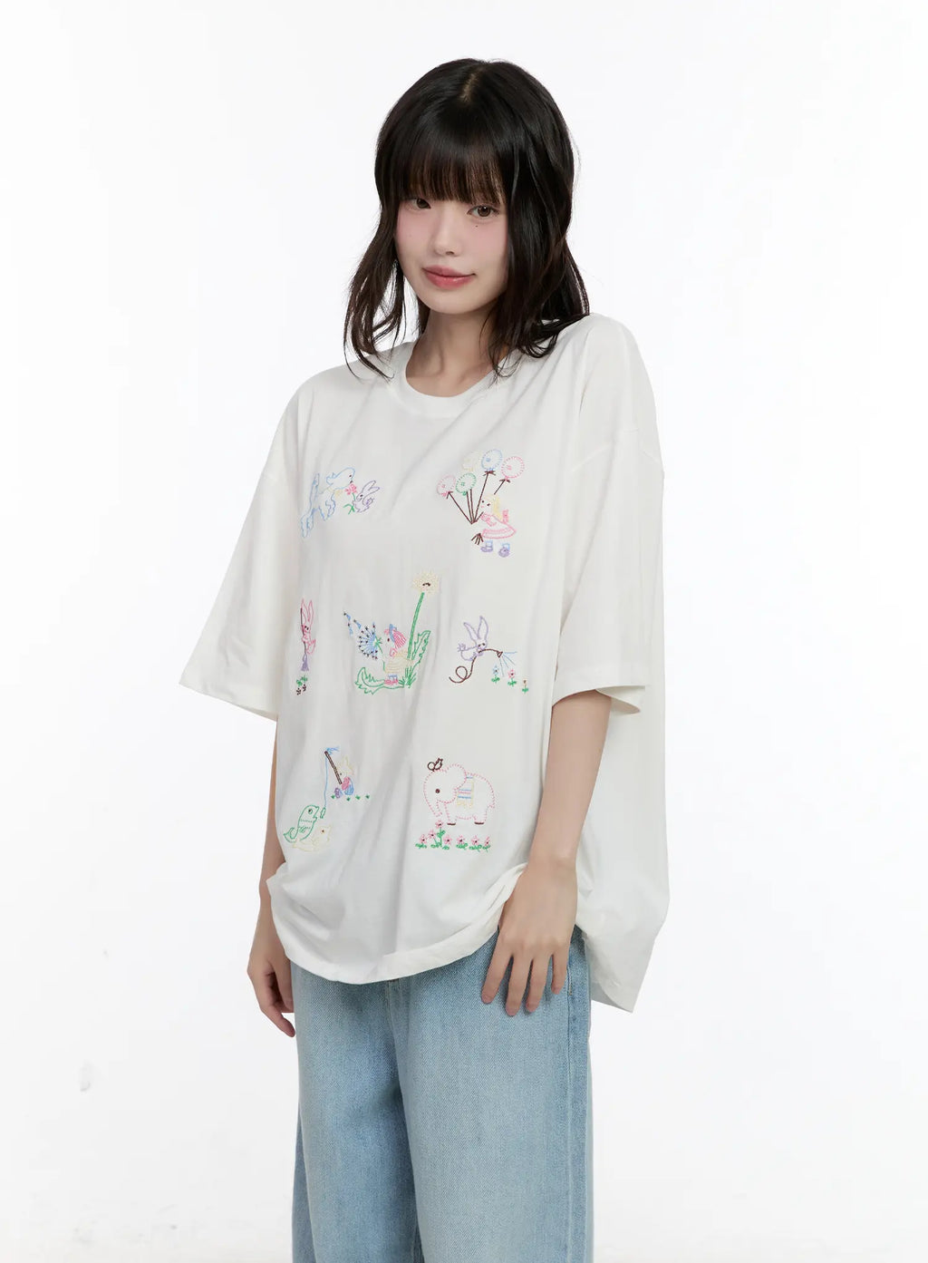 Whimsical Embroidered Oversized T-Shirt CL507