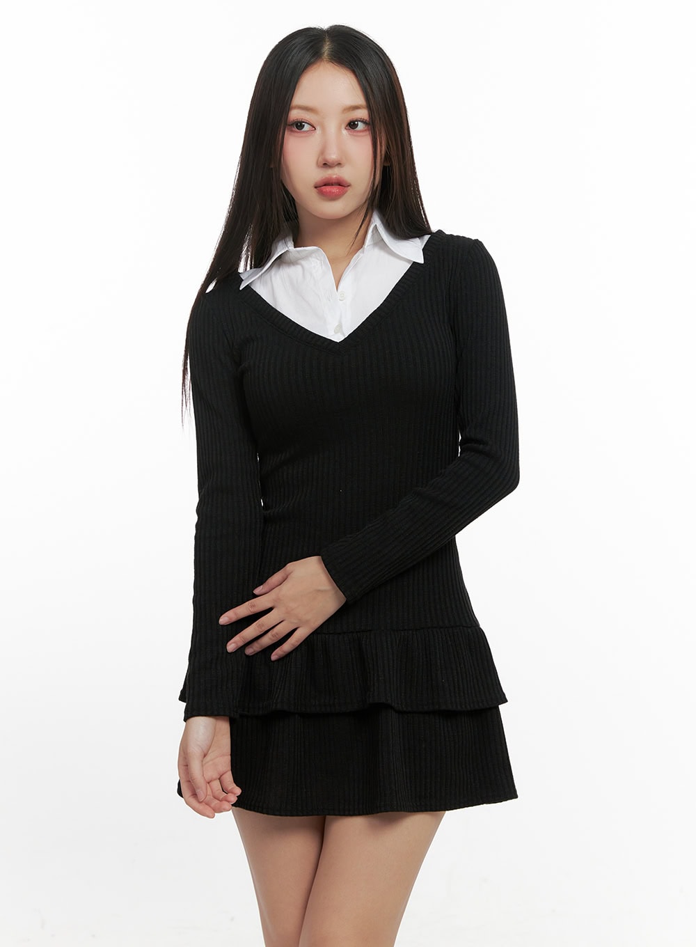 Solid Print Flare Collar Dress CN415