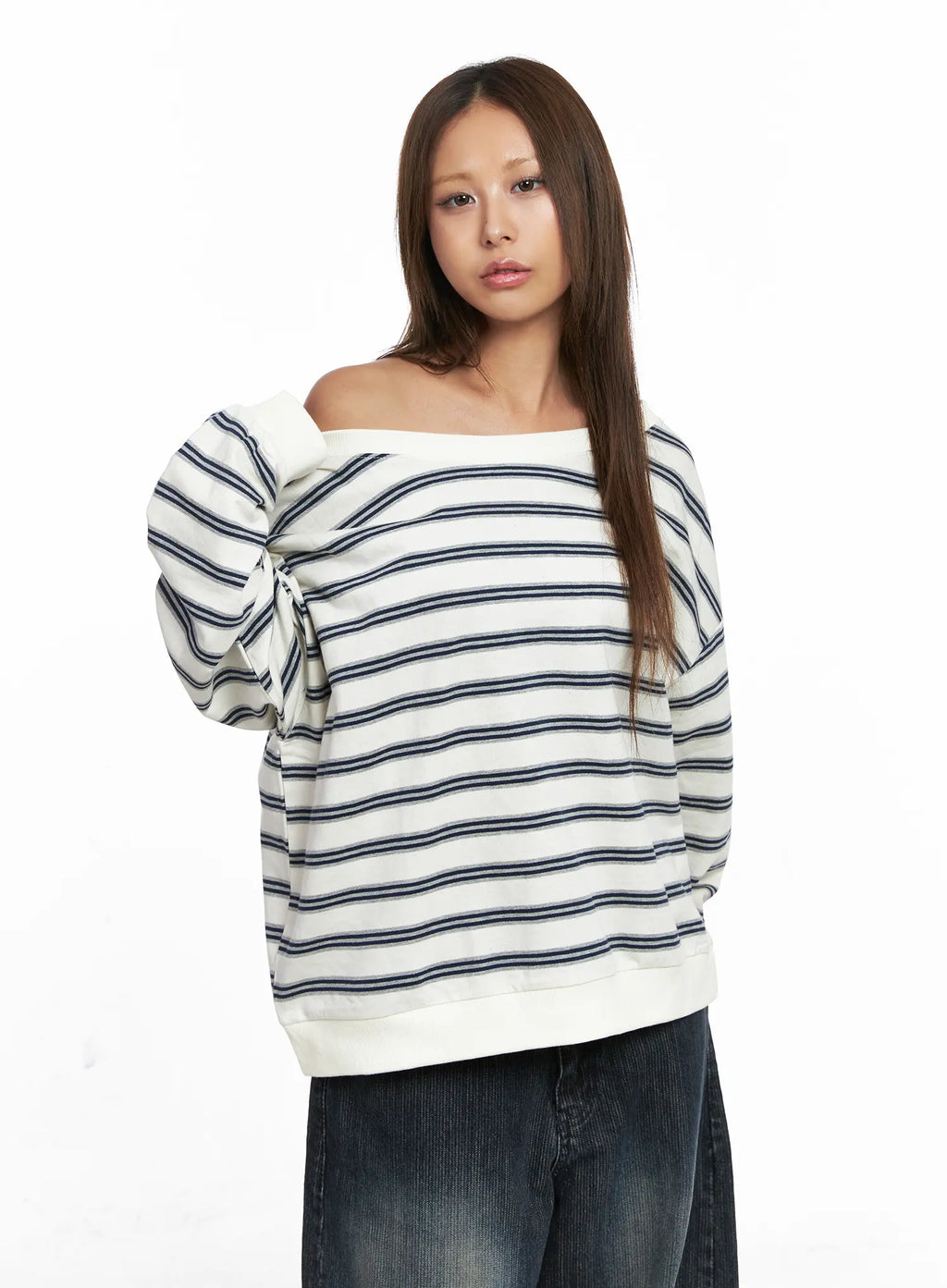 Oversized Striped Off-Shoulder Sweatshirt CO510