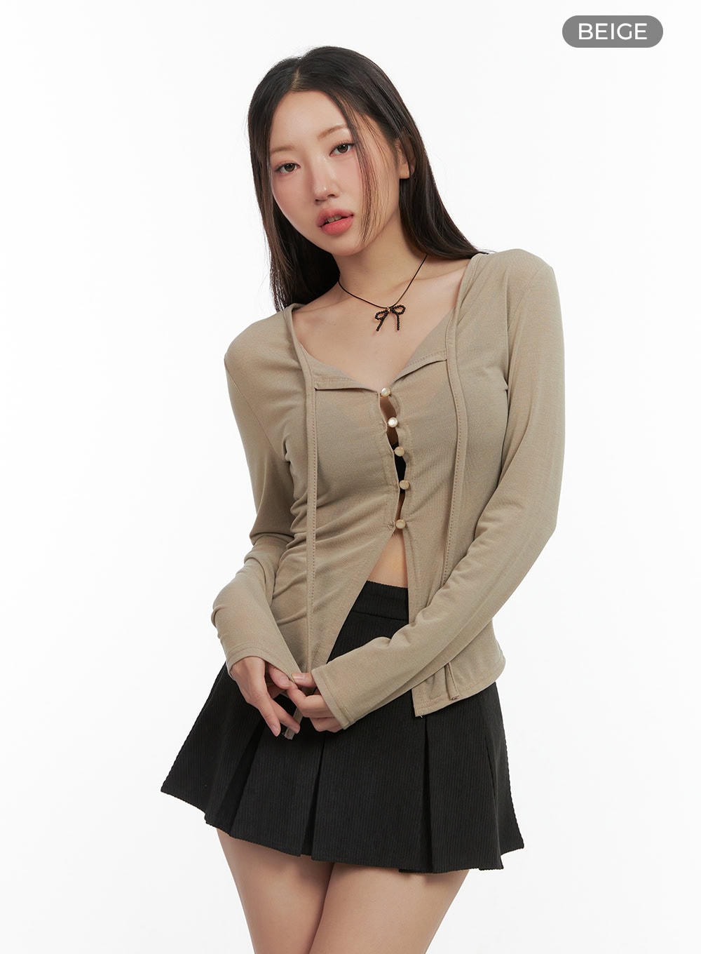 String Detail Long Sleeve Button Top CO417