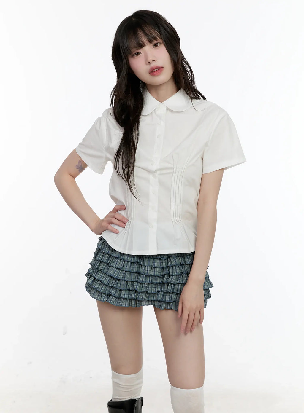 Collared Pintuck Button-Up Top CL504