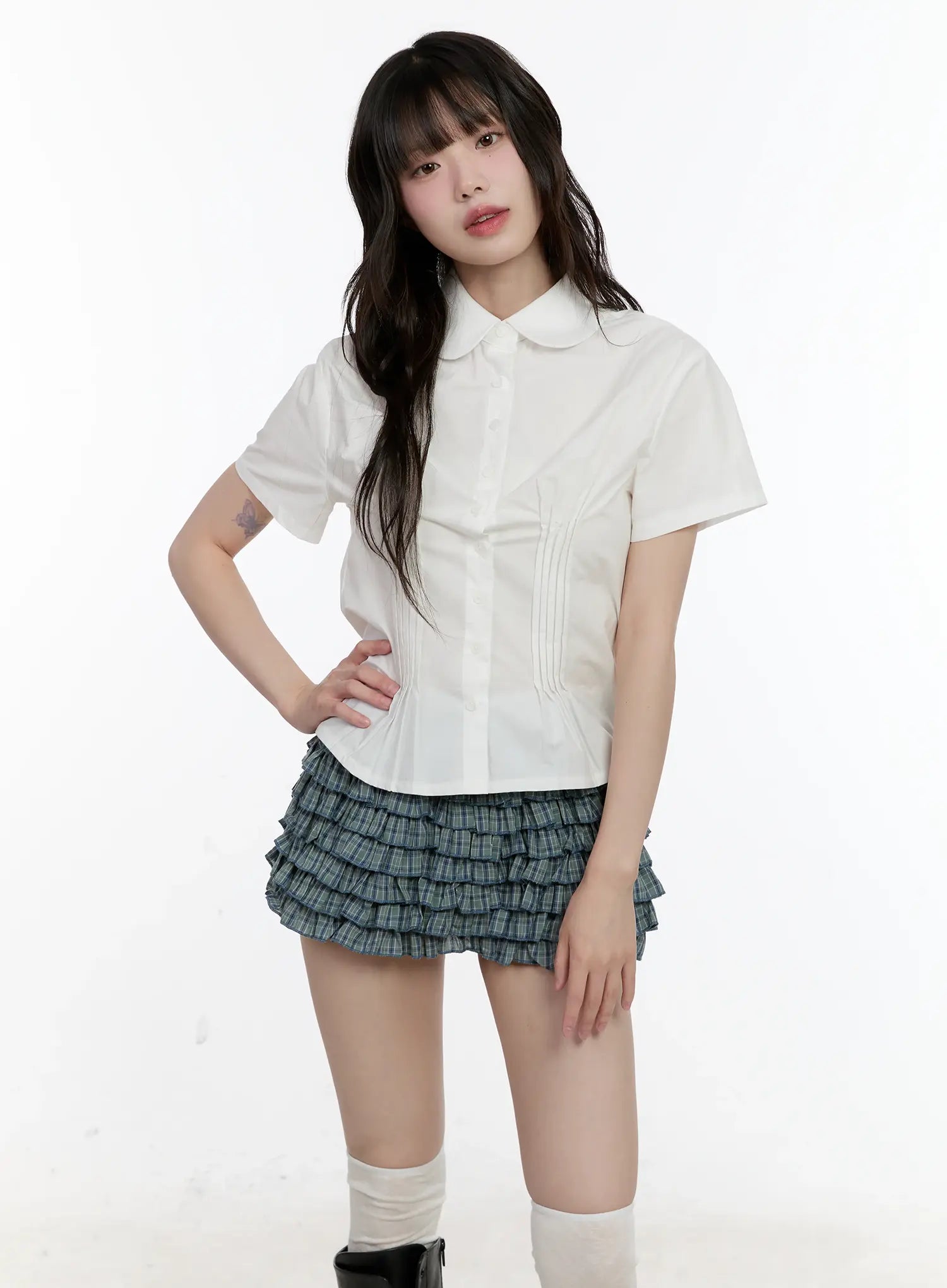 Collared Pintuck Button-Up Top CL504