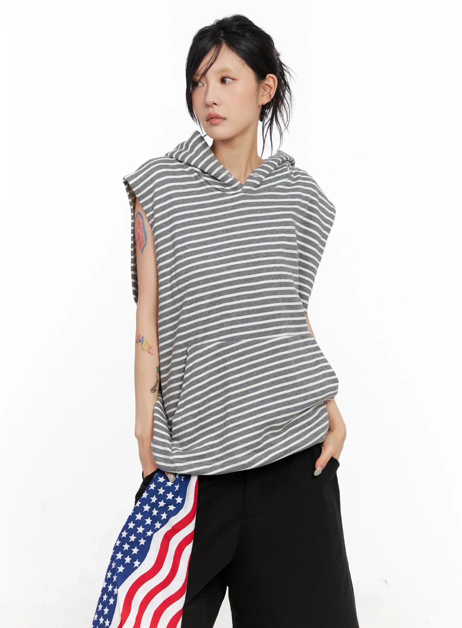 Oversized Striped Sleeveless Hoodie CL525