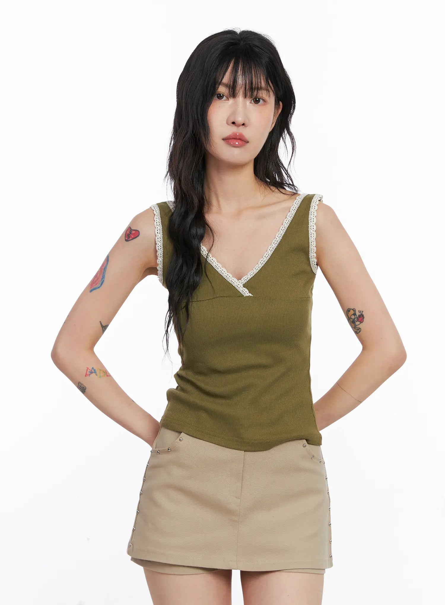 Lace V-Neck Ribbed Tank Top CO507