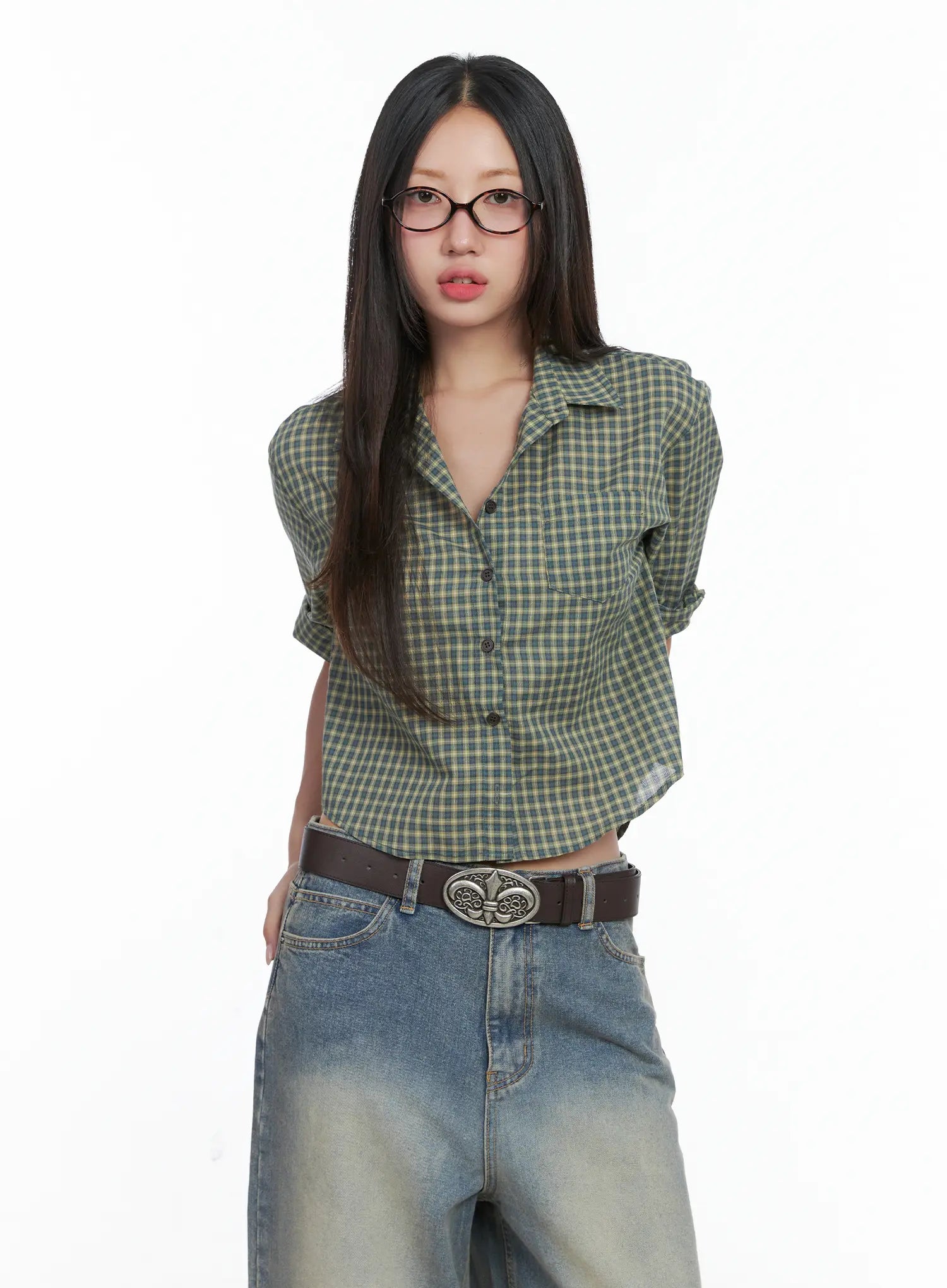 Gingham Button-Up Blouse CS502