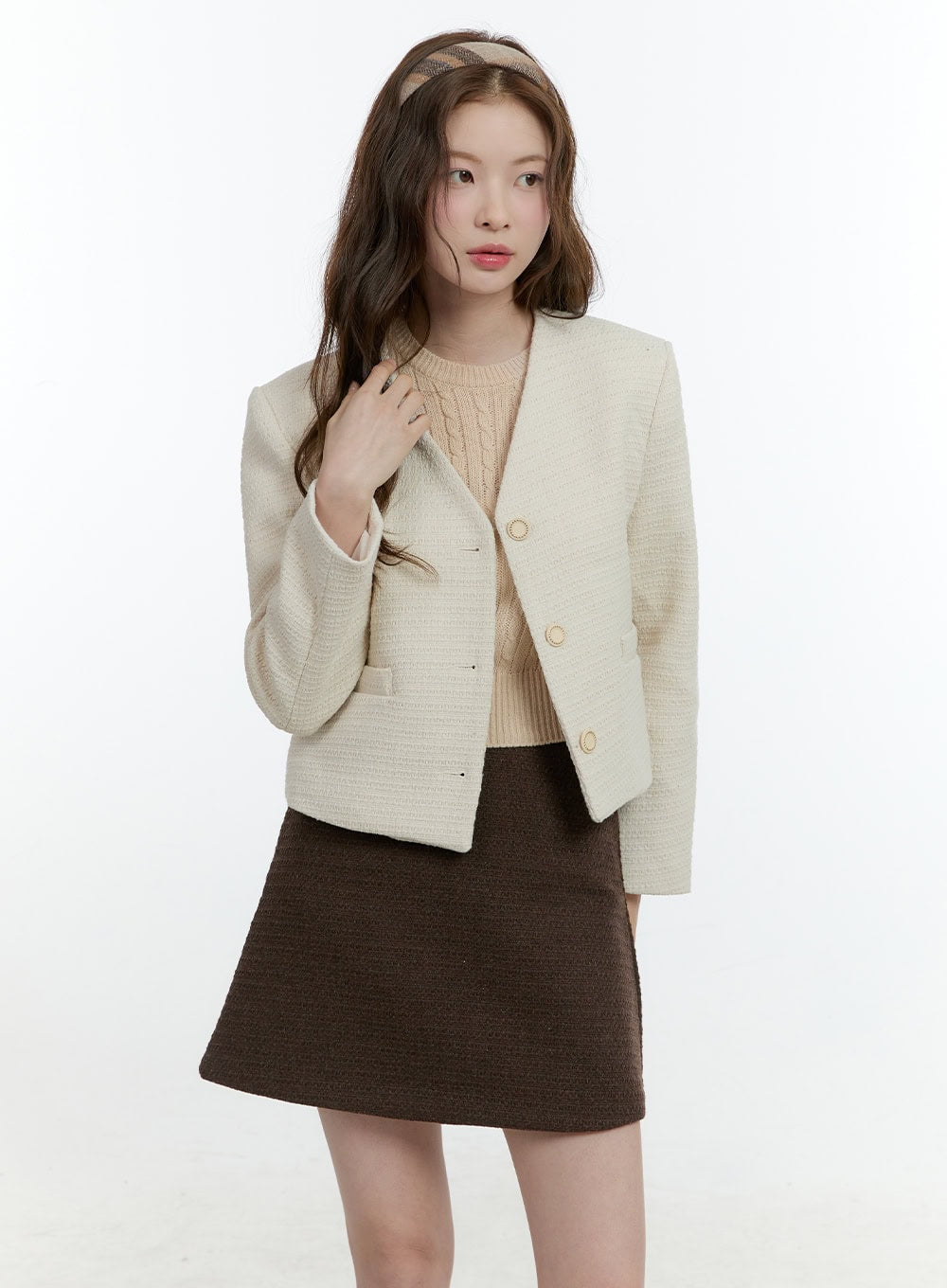Classic Tweed Collarless Buttoned Jacket CF504