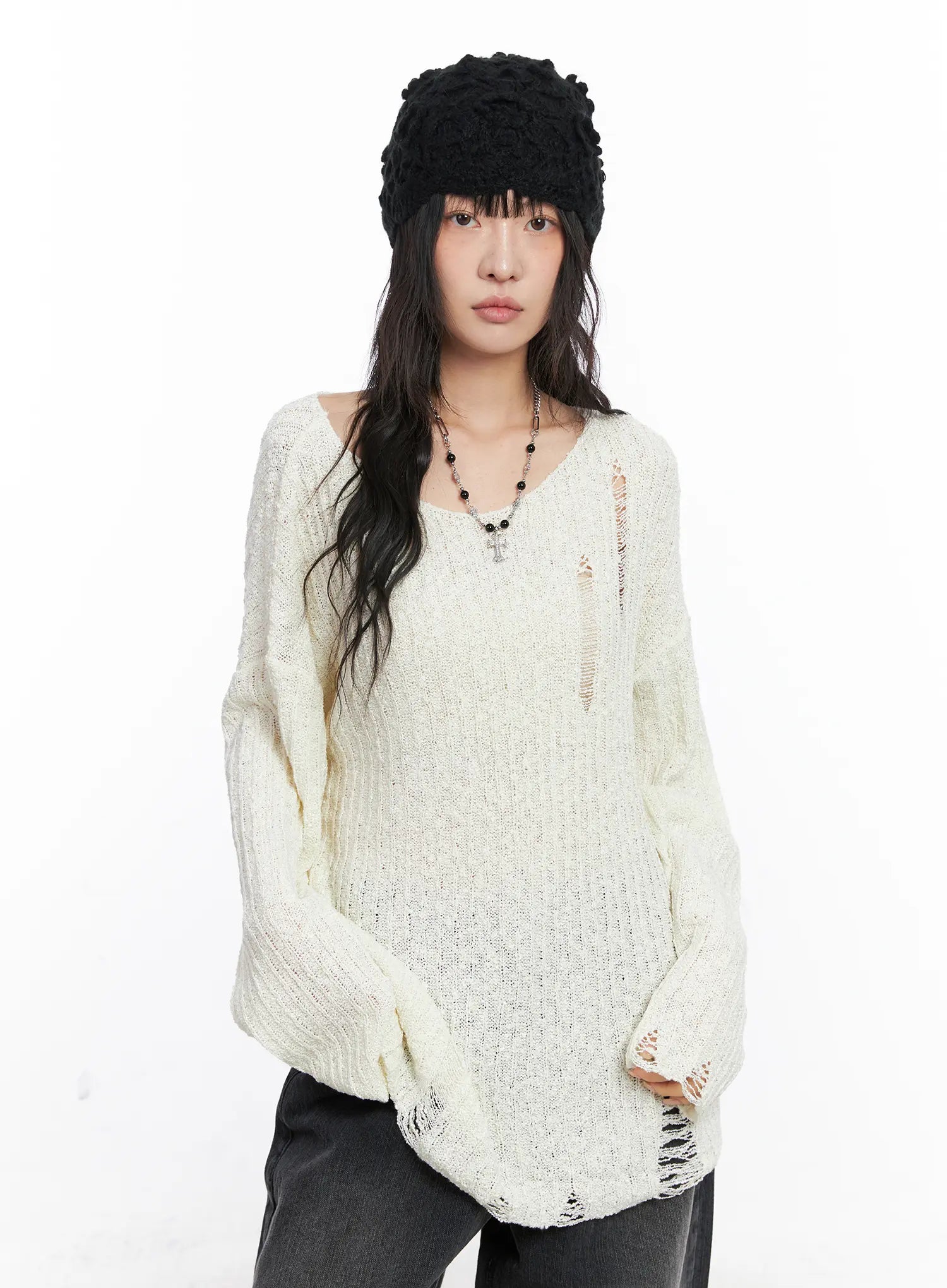 Distressed Off-Shoulder Sweater CC1809